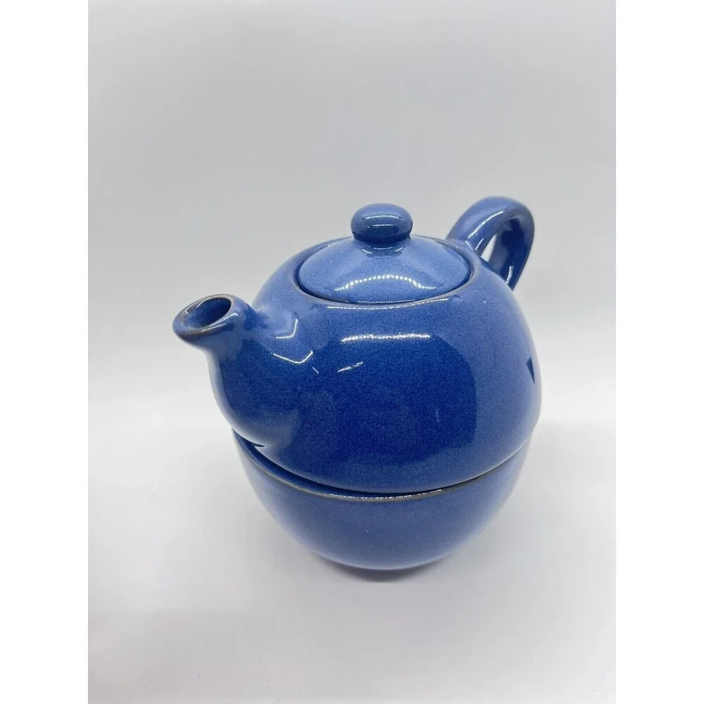 Blue PIER 1 Stoneware Teapot W/Mug Set ~ Stackable 3 Piece Set